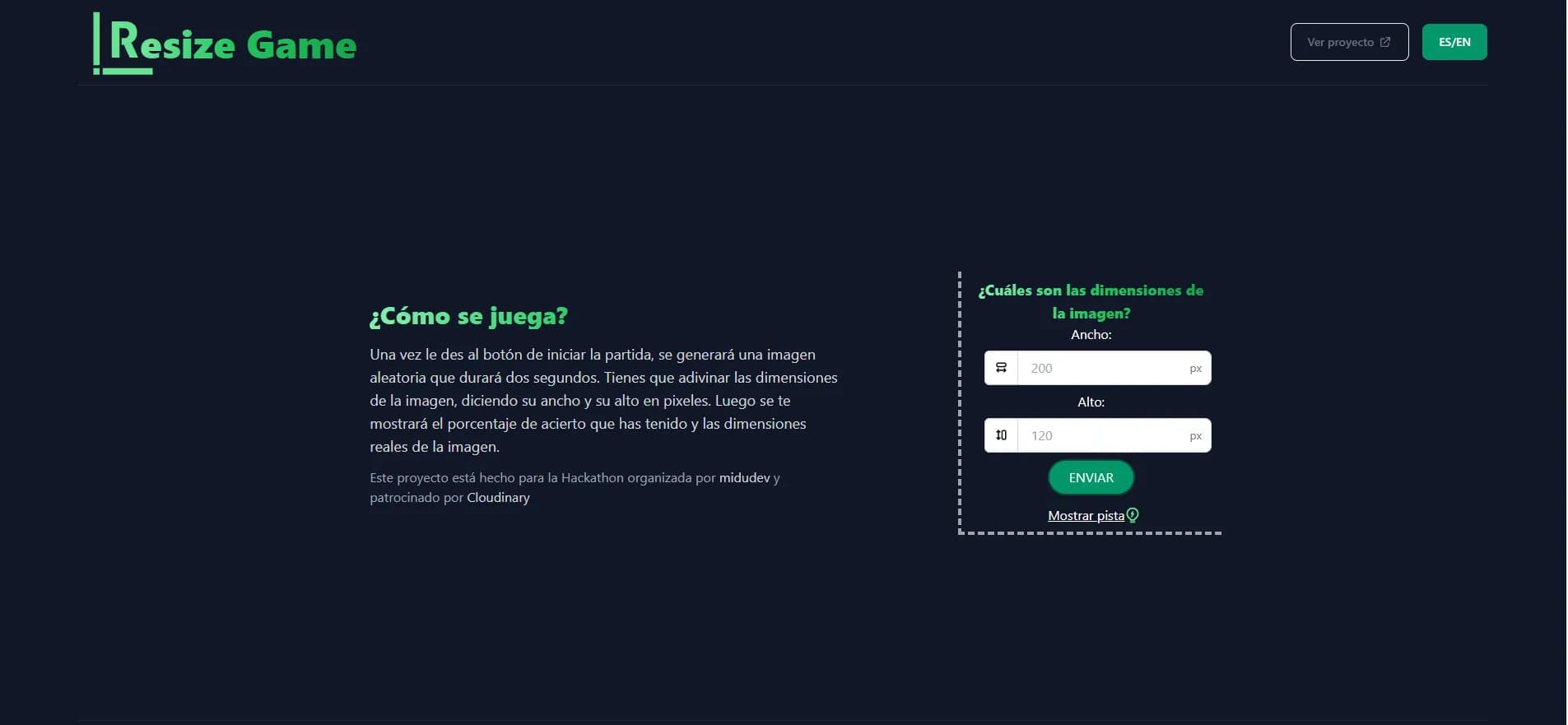 Screenshot of the Resize Game page: the 'How to play' explainer on the left and on the right the guess form with width and height inputs, a Submit button, and a 'Show hint' link.
